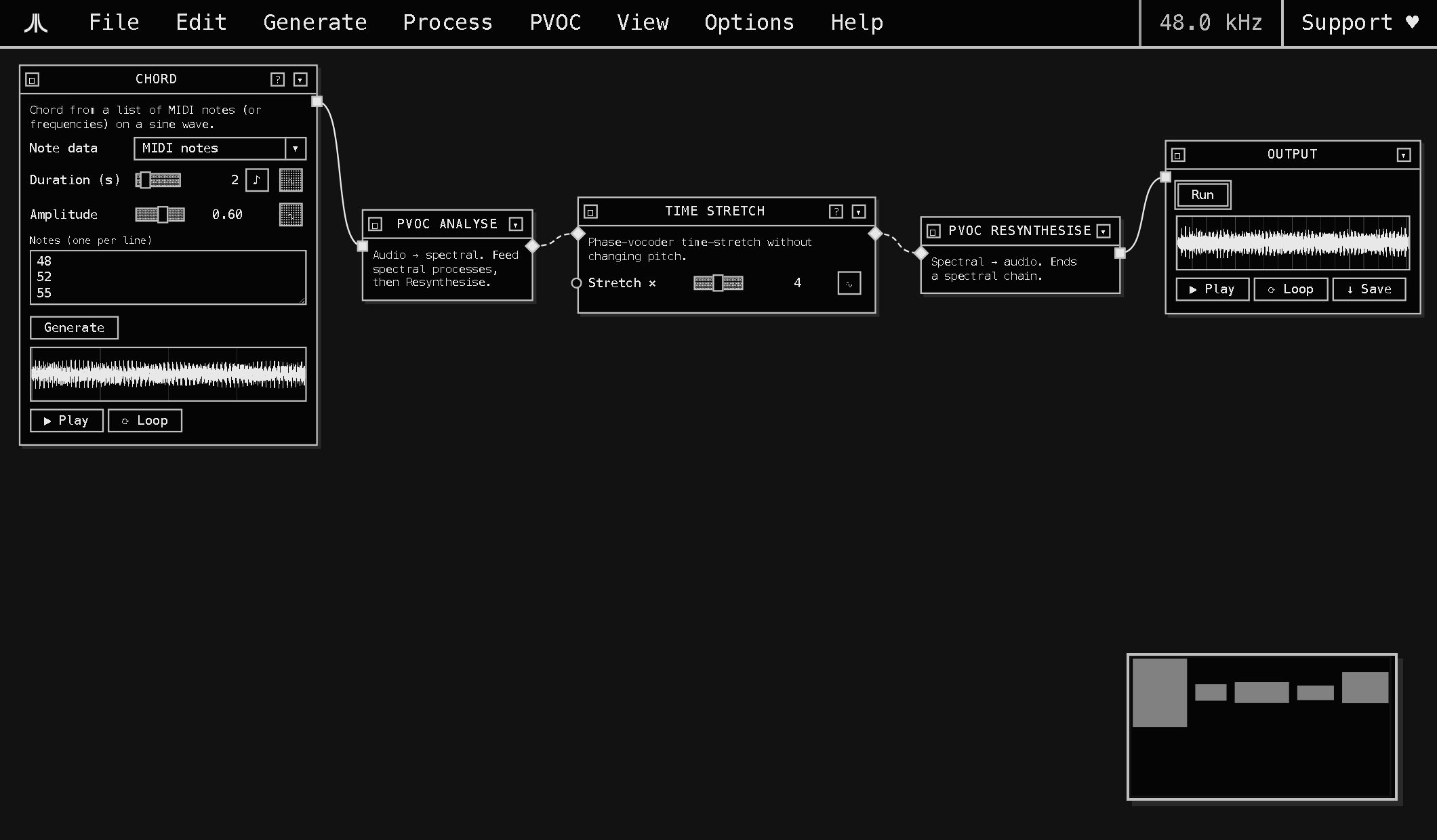 CDP for Web: a chord generator wired through PVOC analyse, time stretch and resynthesise, white-on-black CRT theme